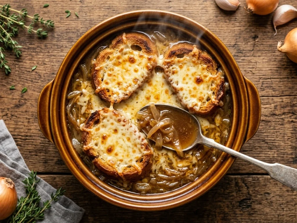 Top view of classic French onion soup with melted cheese, toasted bread, and a spoon in a rustic bowl