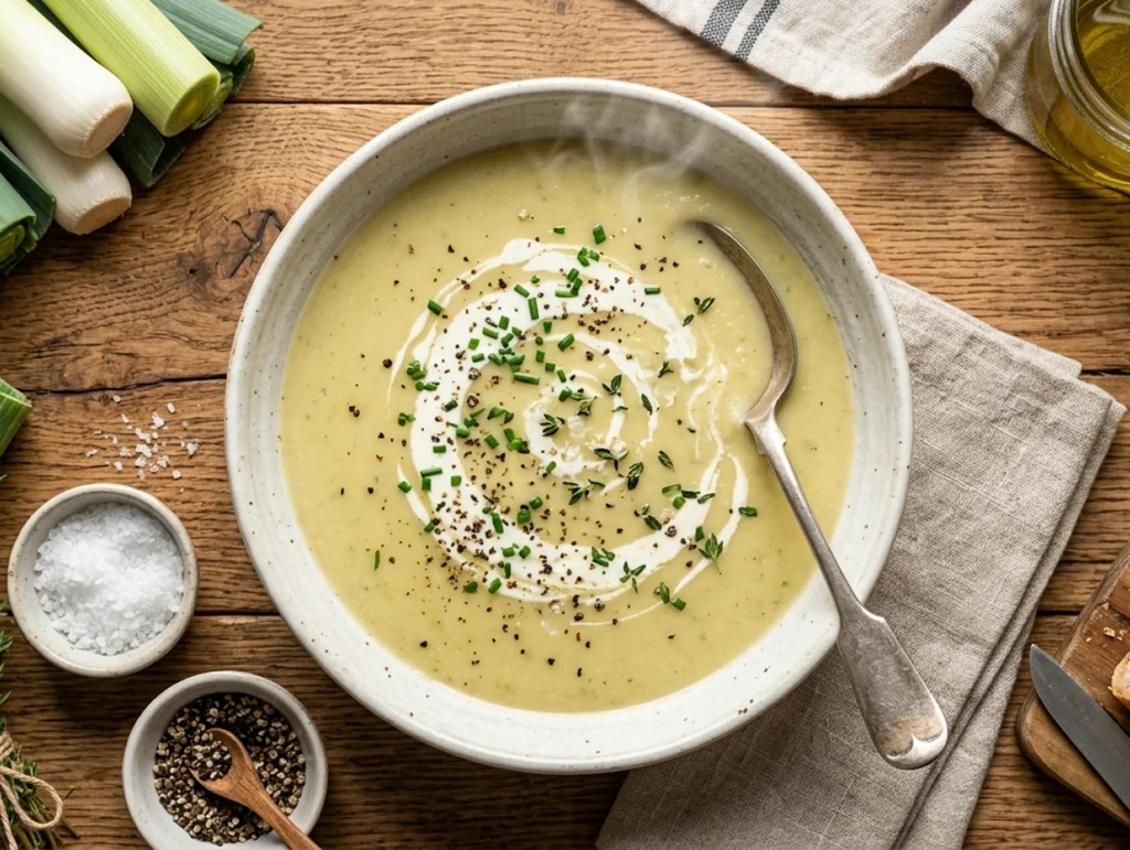 Top view of creamy potato leek soup in a bowl with a spoon, garnished with chives and black pepper