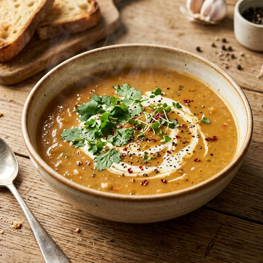 Close-up top view of a hot creamy soup bowl garnished with fresh herbs on a rustic wooden table