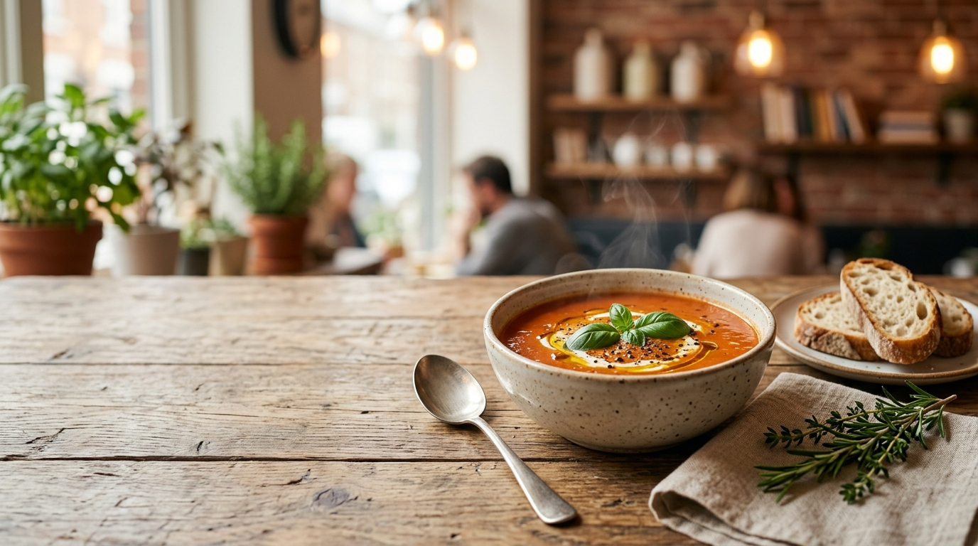 Close-up of a steaming bowl of soup with fresh herbs garnish and warm lighting in a softly blurred background