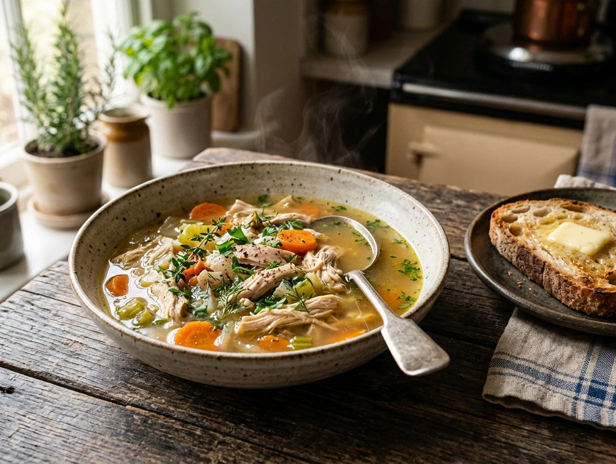 A bowl of homemade chicken soup with tender chicken, vegetables, and herbs served on a rustic wooden table