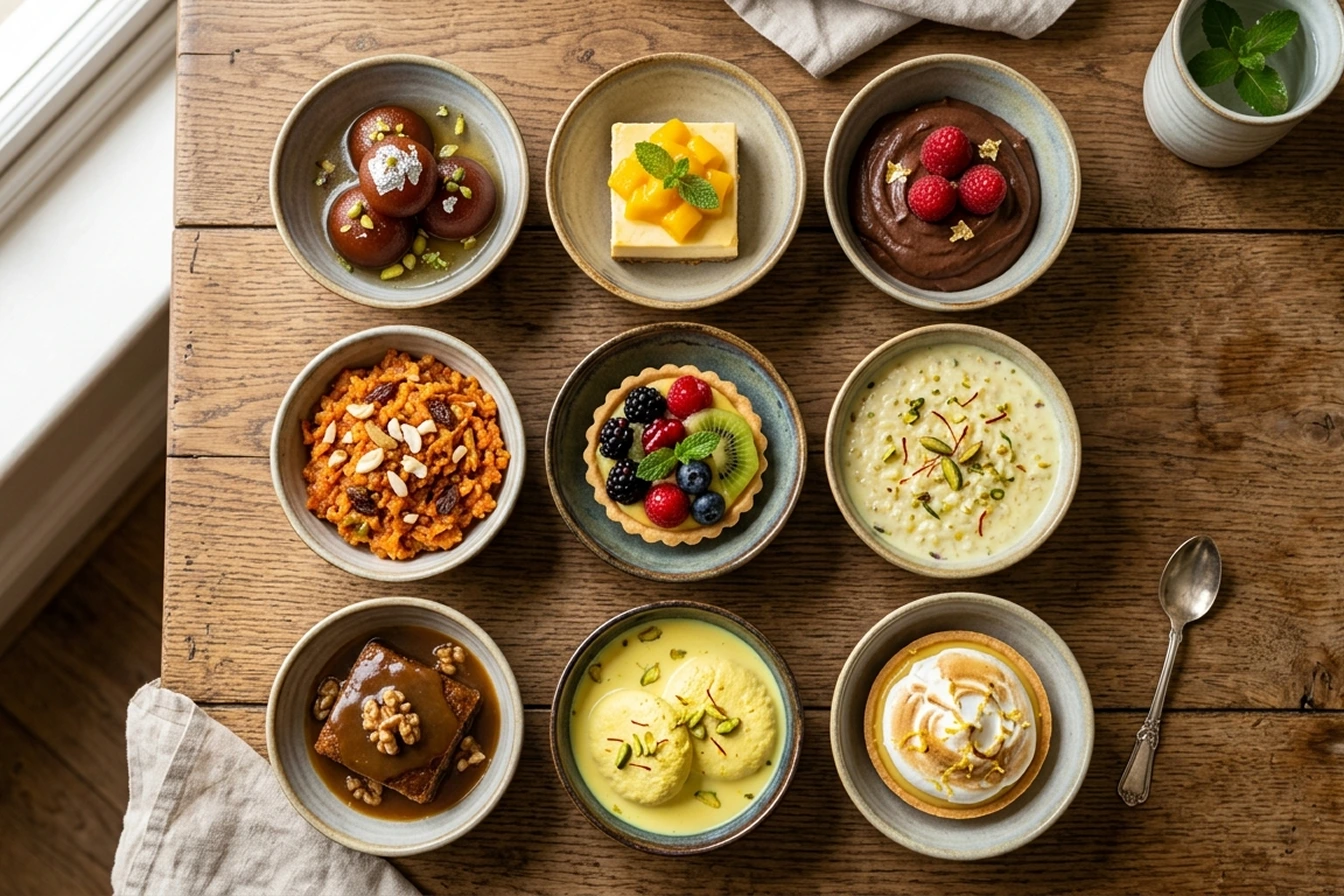 Top view of 9 small bowls filled with different assorted desserts arranged neatly on a rustic wooden table