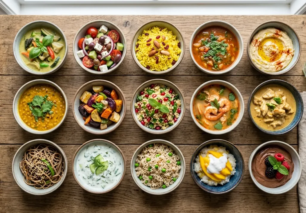 Top view of 15 small bowls filled with different food items arranged beautifully on a rustic dining table