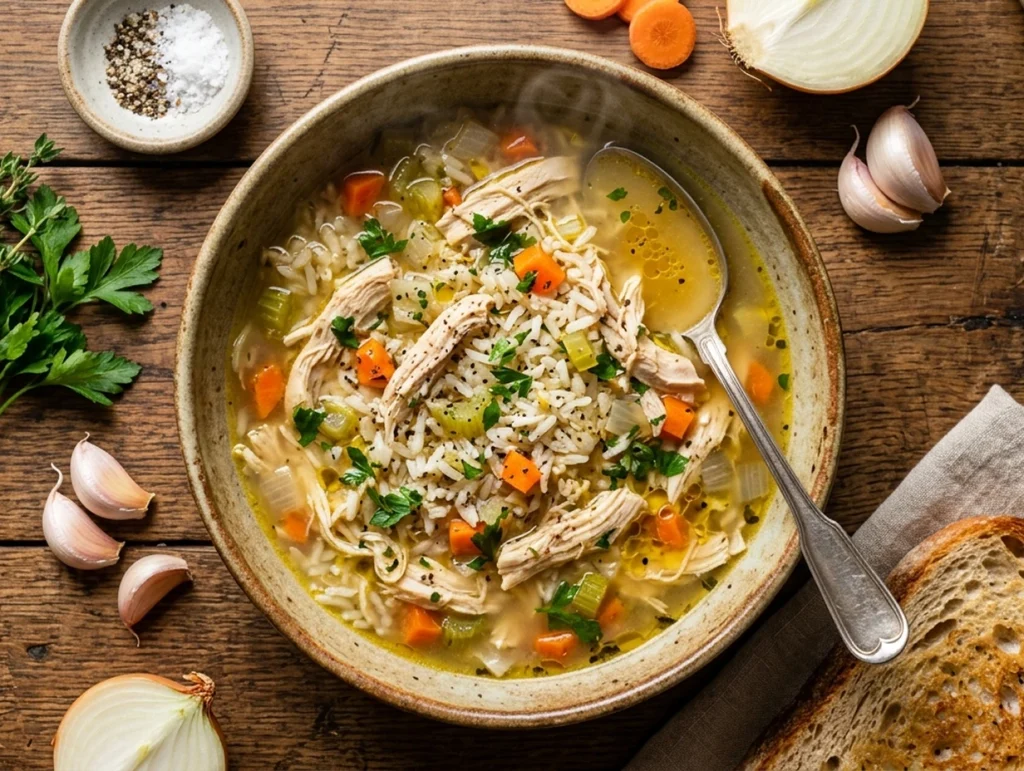 Top view of slow cooker chicken and rice soup with tender chicken, vegetables, and rich broth in a rustic bowl