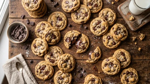 Top view of homemade chocolate chip cookies with melted chocolate chips on a rustic wooden table
