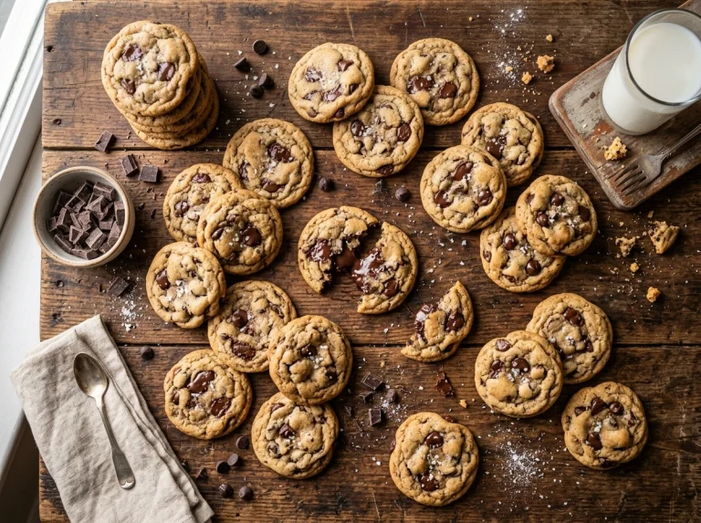 Top view of homemade chocolate chip cookies with melted chocolate chips on a rustic wooden table