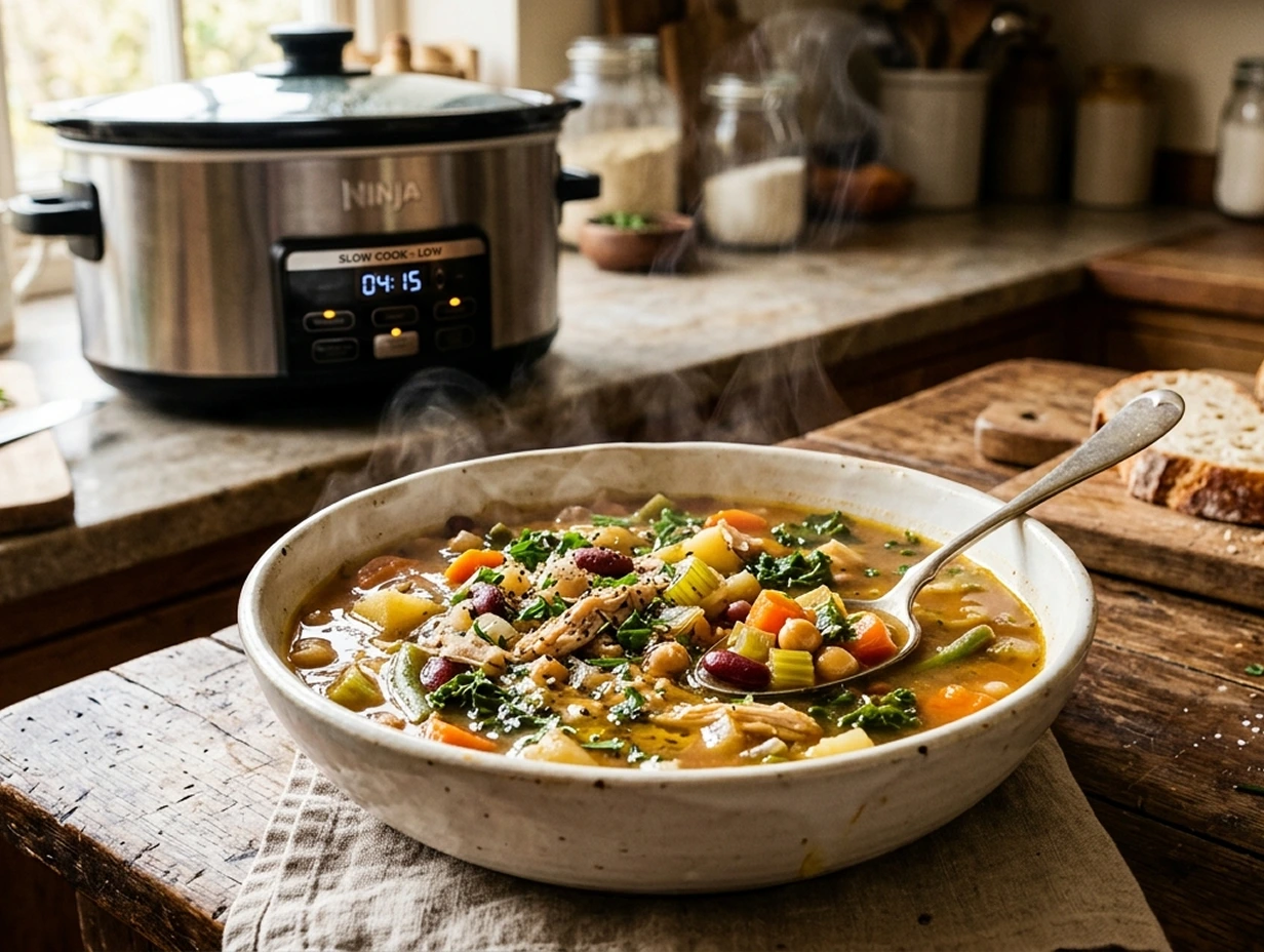 A bowl of slow-cooked crockpot soup with vegetables, herbs, and rich broth served on a rustic wooden table