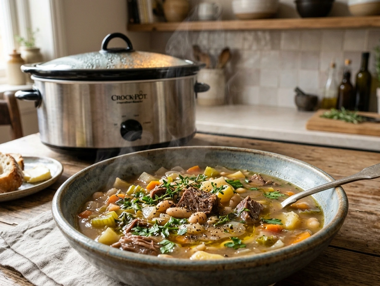 Assorted seasonal soup bowls featuring fresh vegetables, herbs, and seasonal ingredients arranged on a rustic wooden table