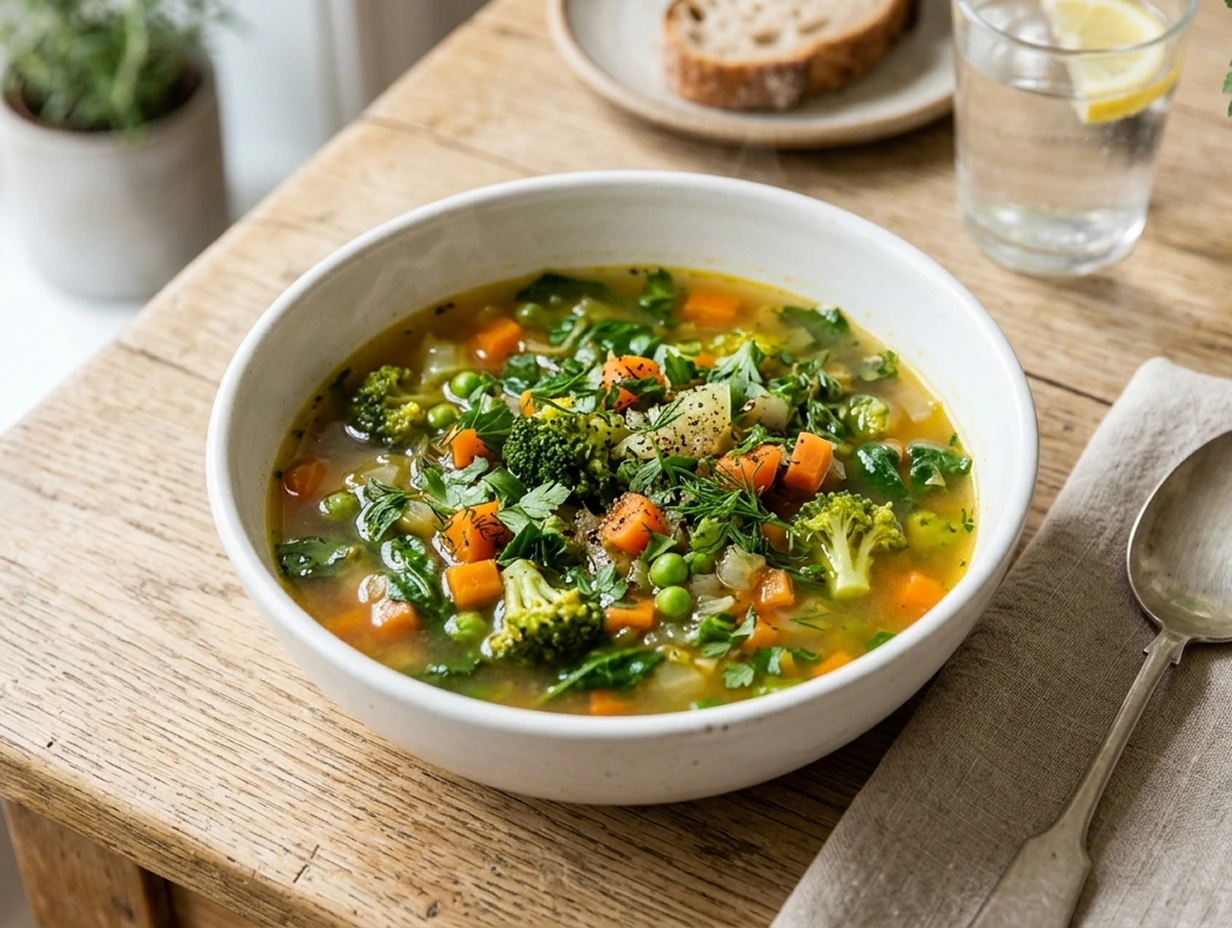 A bowl of healthy vegetable soup made with fresh vegetables, herbs, and nutritious ingredients served on a wooden table
