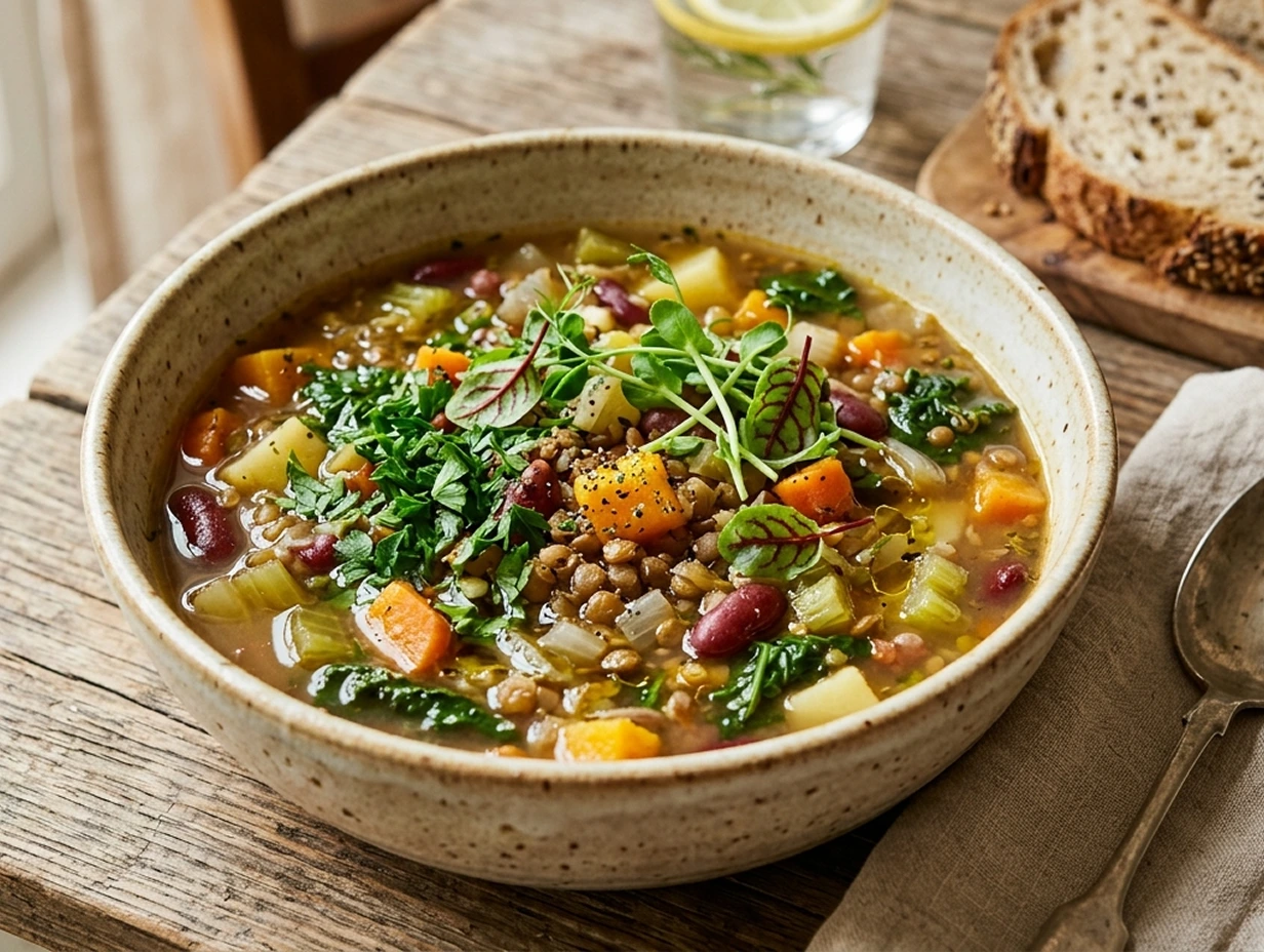 A bowl of vegetarian soup made with fresh vegetables, herbs, beans, and plant-based ingredients served on a rustic wooden table