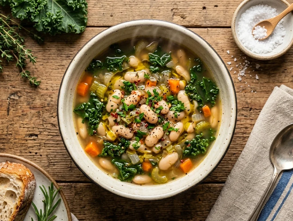 Top view of hearty white bean and kale slow cooker soup with vegetables and herbs in a rustic bowl